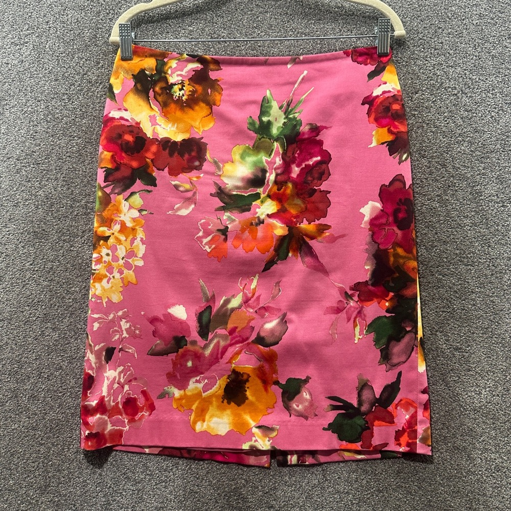 Talbots Pencil Skirt Women 6P Pink Floral Cotton Stretch Watercolor Print Spring